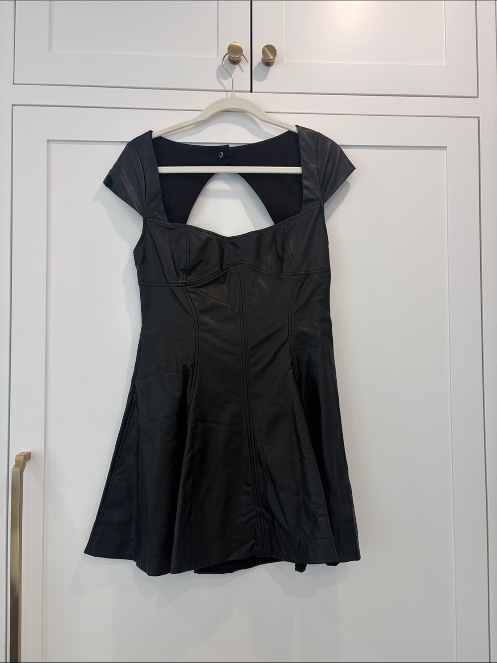Free People Mimi Black Faux Leather Mini Dress with Cap Sleeves